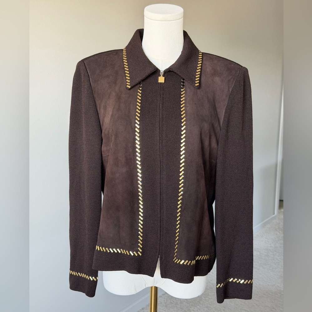 ✨St. John Collection Brown Suede Knit Jacket Gold Chain Trim Zipper Blazer - 10
